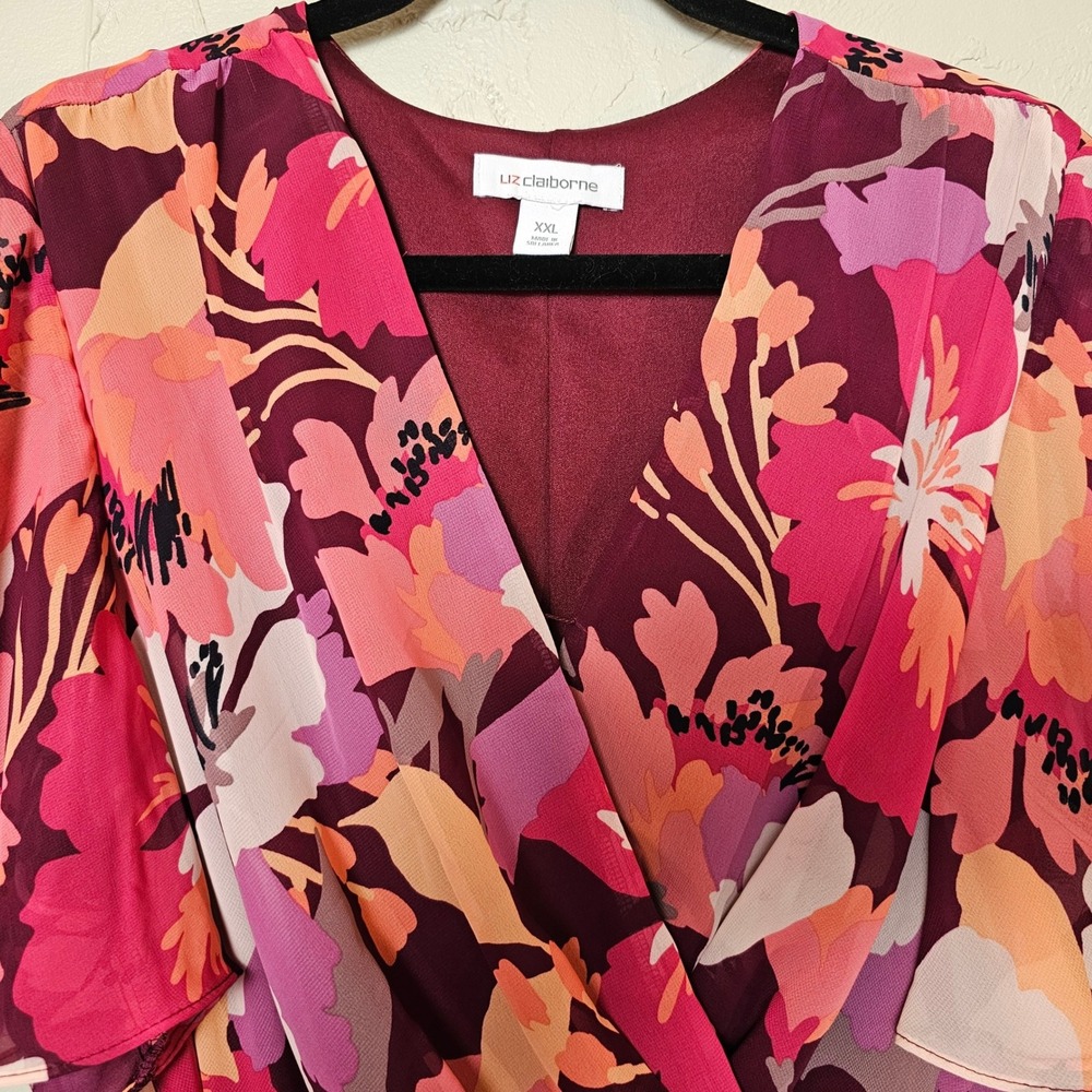 Liz Claiborne Wild Cherry Floral Pleated Wrap Midi‎ Dress XXLNWT New Plus Size - Picture 2 of 9